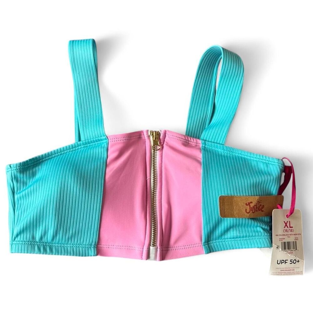 Justice Girls UPF 50+ Zip Front Swim Top XL 16/18 Pink Teal Color Block NWT